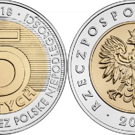 Wizerunki i ceny monet  z okolicznościowym napisem 100-lecie odzyskania przez Polskę niepodległości