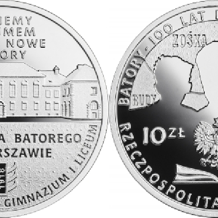 Wizerunki i ceny monet 100-lecie powstania Gimnazjum i Liceum im. Stefana Batorego w Warszawie
