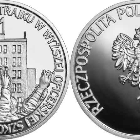 Wizerunki i ceny monet 40. rocznica strajku w Wyższej Oficerskiej Szkole Pożarniczej
