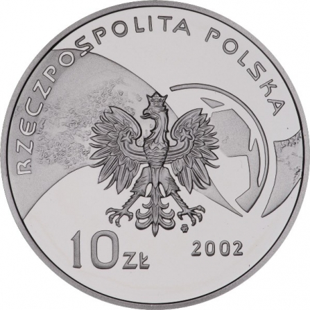 Awers monety10 zł Mistrzostwa Świata w Piłce Nożnej 2002 Korea/Japonia
