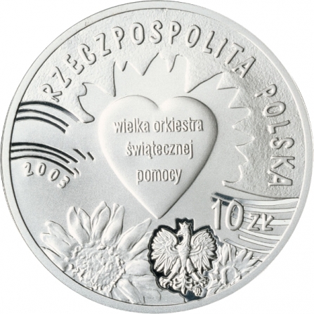 Awers monety10 zł 10 lat Wielkiej Orkiestry Świątecznej Pomocy