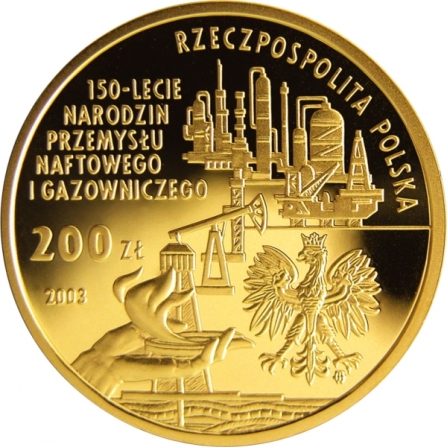 Awers monety200 zł 150-lecie narodzin przemysłu naftowego i gazowniczego