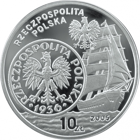 Awers monety10 zł 5 zł z 1936 r. (żaglowiec)