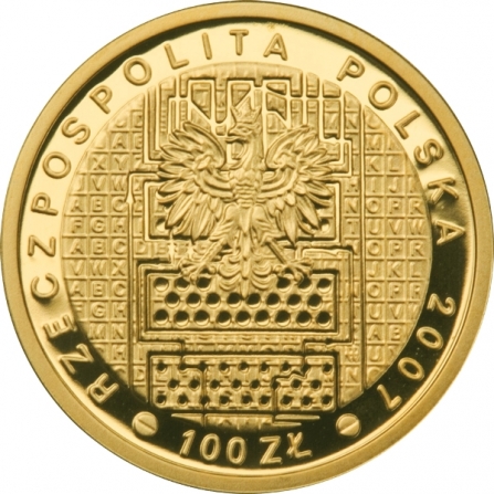 Awers monety100 zł 75. rocznica złamania szyfru Enigmy