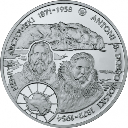 Rewers monety 10 zł Henryk Arctowski i Antoni B. Dobrowolski