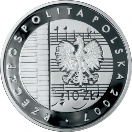 Awers monety10 zł 125. rocznica urodzin Karola Szymanowskiego (1882-1937)
