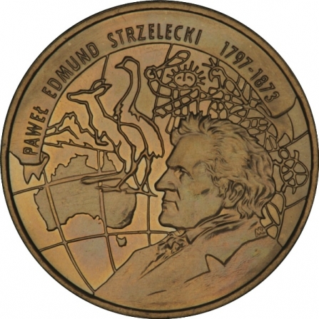 Rewers monety 2 zł 200-lecie urodzin Pawła Edmunda Strzeleckiego (1797-1873)