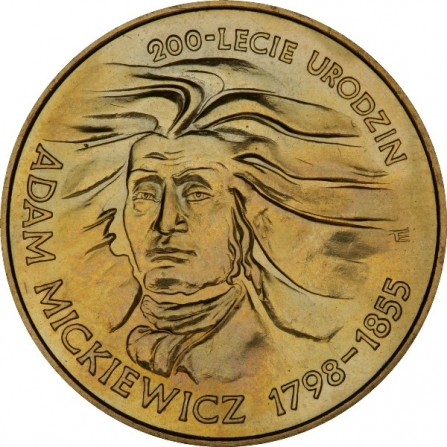 Rewers monety 2 zł 200-lecie urodzin Adama Mickiewicza (1798-1855)
