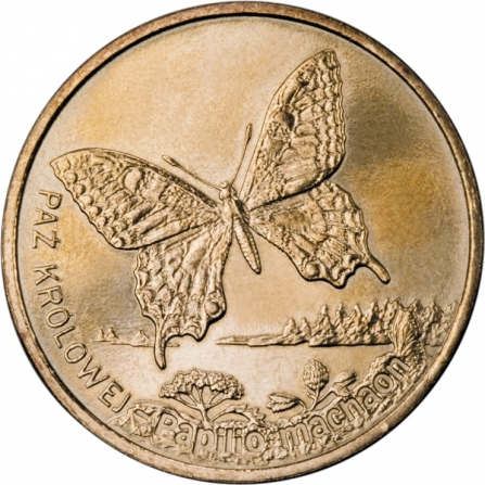 Rewers monety 2 zł Paź królowej (łac. Papilio machaon)