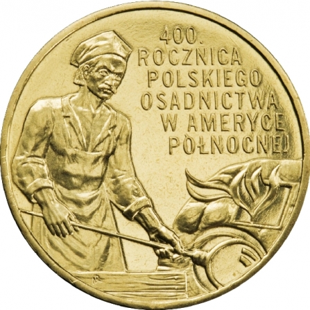 Rewers monety 2 zł 400. rocznica polskiego osadnictwa w Ameryce Północnej