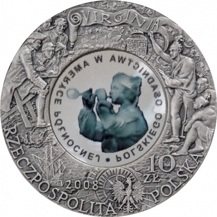 Awers monety10 zł 400. rocznica polskiego osadnictwa w Ameryce Północnej