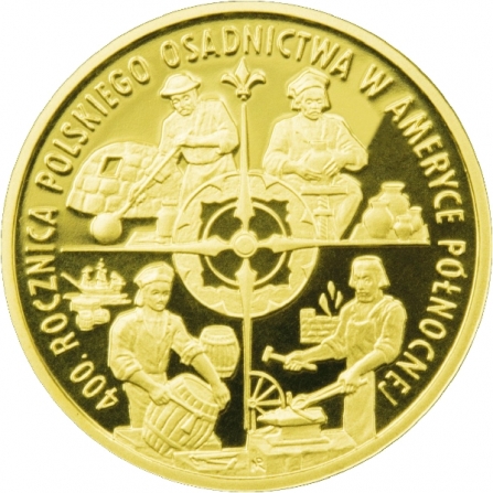 Rewers monety 100 zł 400. rocznica polskiego osadnictwa w Ameryce Północnej