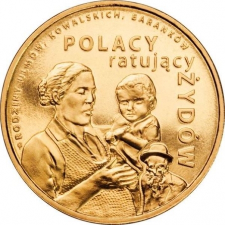 Rewers monety 2 zł Polacy ratujący Żydów – rodzina Ulmów, Kowalskich, Baranków