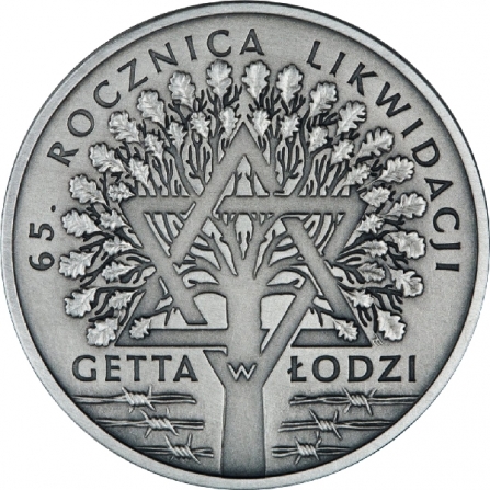 Rewers monety 20 zł 65. rocznica likwidacji getta w Łodzi