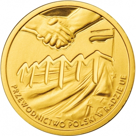 Rewers monety 100 zł Przewodnictwo Polski w Radzie Unii Europejskiej