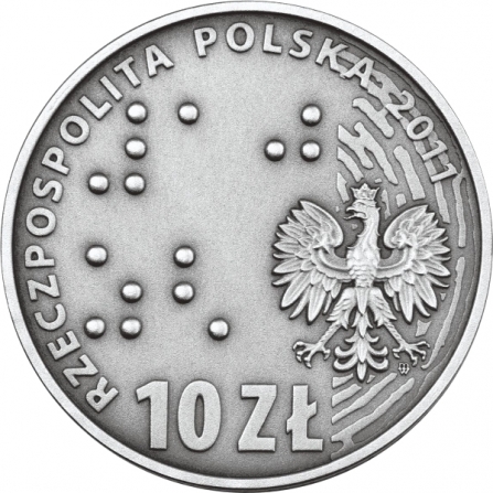 Awers monety10 zł Europa bez barier – 100-lecie Towarzystwa Opieki nad Ociemniałymi