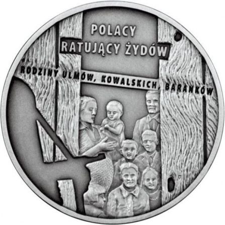 Rewers monety 20 zł Polacy ratujący Żydów – rodzina Ulmów, Kowalskich, Baranków