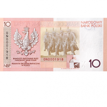 Odwrotna strona banknotu 10 zł 90. rocznica odzyskania niepodległości