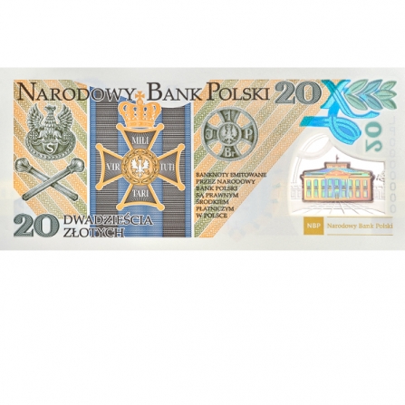Odwrotna strona banknotu 20 zł 100. rocznica utworzenia Legionów Polskich