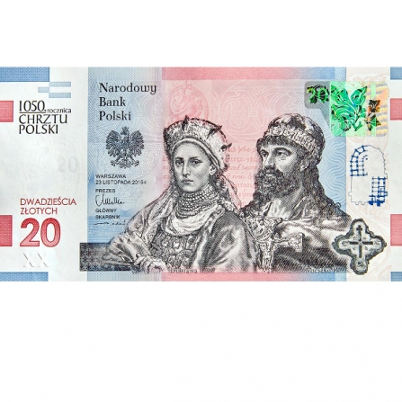Przednia strona banknotu 20 zł 1050. rocznica Chrztu Polski