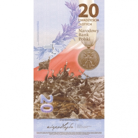 Odwrotna strona banknotu 20 zł Bitwa Warszawska 1920