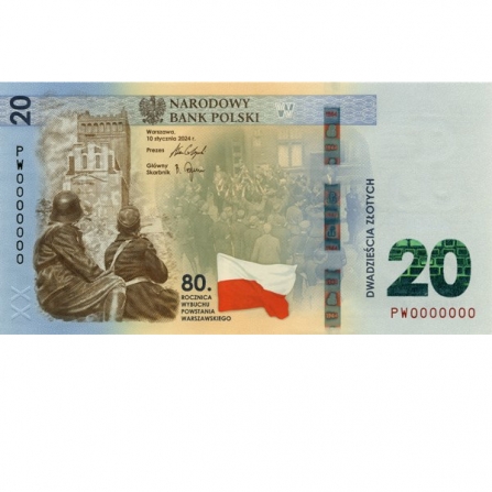 Przednia strona banknotu 20 zł 80. rocznica wybuchu Powstania Warszawskiego