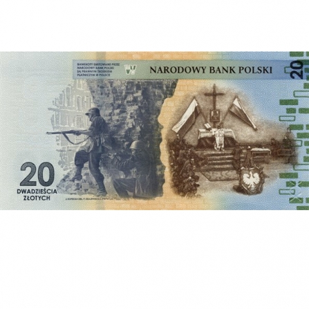 Odwrotna strona banknotu 20 zł 80. rocznica wybuchu Powstania Warszawskiego