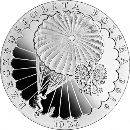 Awers monety10 zł 75. rocznica pierwszego zrzutu Cichociemnych