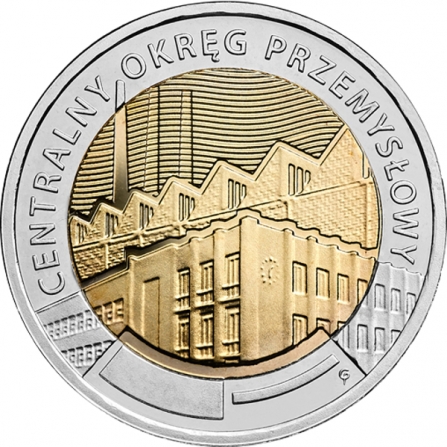 Rewers monety 5 zł Centralny Okręg Przemysłowy