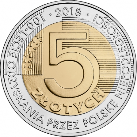Rewers monety 5 zł 100-lecie odzyskania przez Polskę niepodległości