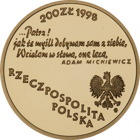 Awers monety200 zł 200-lecie urodzin Adama Mickiewicza (1798-1855)