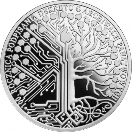 Rewers monety 10 zł 100. rocznica podpisania Dekretu o archiwach państwowych