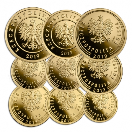 Awers monety1 zł 100 lat złotego (zestaw 9 złotych monet)
