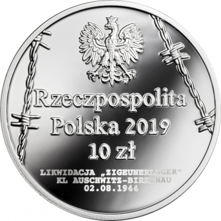 Awers monety10 zł 75. rocznica zagłady Romów i Sinti