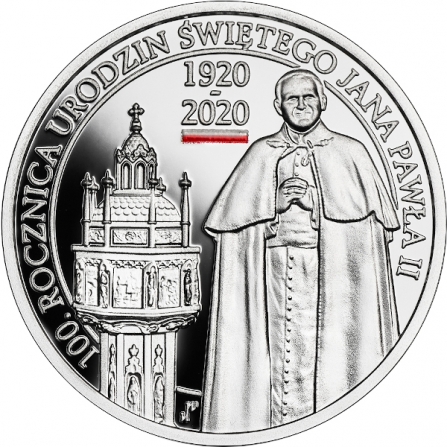 Rewers monety 10 zł 100. rocznica urodzin Świętego Jana Pawła II (UV)