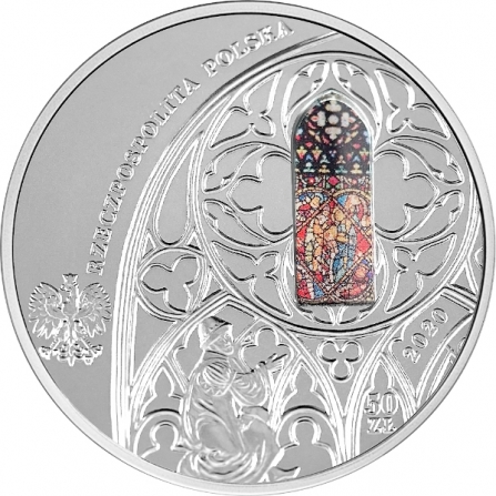 Awers monety50 zł 700-lecie konsekracji kościoła Mariackiego w Krakowie