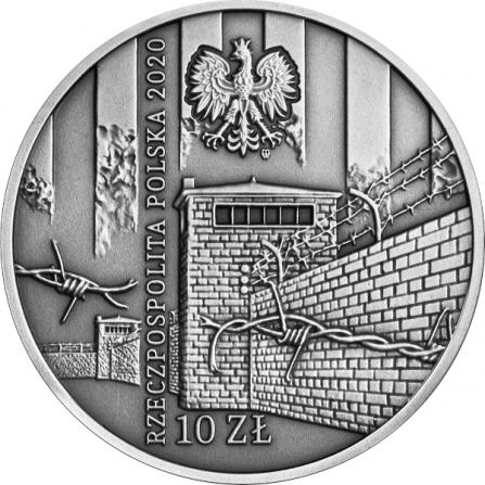Awers monety10 zł Ofiarom obozu KL Warschau