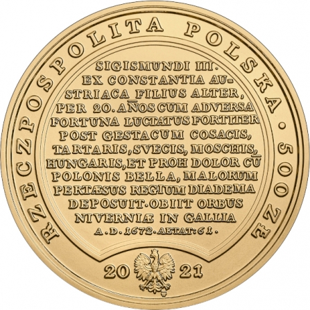 Awers monety500 zł Jan Kazimierz Waza