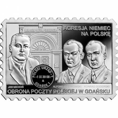 Rewers monety 20 zł Obrona Poczty Polskiej w Gdańsku. Agresja Niemiec na Polskę