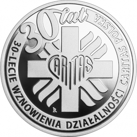 Rewers monety 10 zł 30-lecie wznowienia działalności Caritas Polska