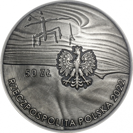 Awers monety50 zł 100. rocznica odkrycia zespołu pradziejowych kopalni krzemienia pasiastego „Krzemionki”