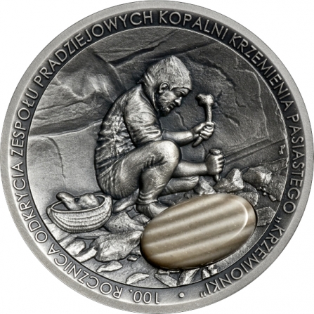 Rewers monety 50 zł 100. rocznica odkrycia zespołu pradziejowych kopalni krzemienia pasiastego „Krzemionki”