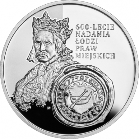 Awers monety10 zł 600-lecie nadania Łodzi praw miejskich