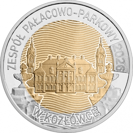 Rewers monety 5 zł Zespół pałacowo-parkowy w Kozłówce