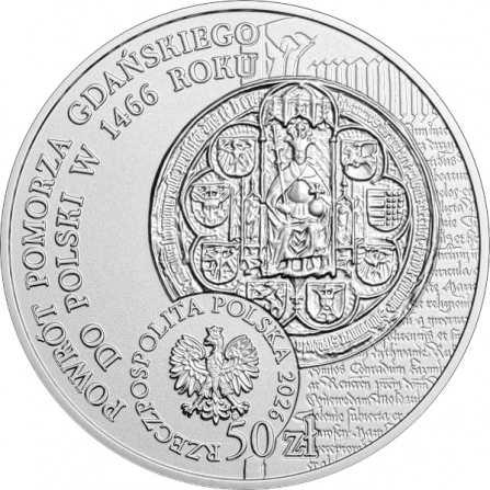 Awers monety50 zł Powrót Pomorza Gdańskiego do Polski w 1466 r.